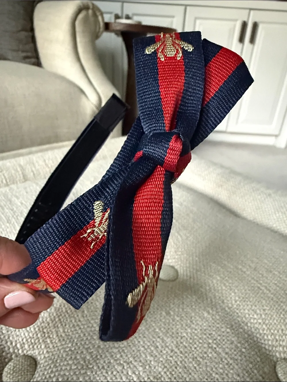 Navy and Red Bow Headband with Gold Embroidered Bees